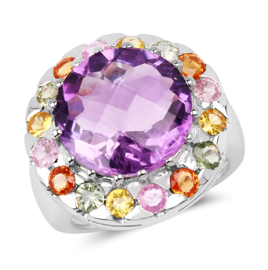amethyst and multi color sapphire round halo ring in rhodium over sterling silver