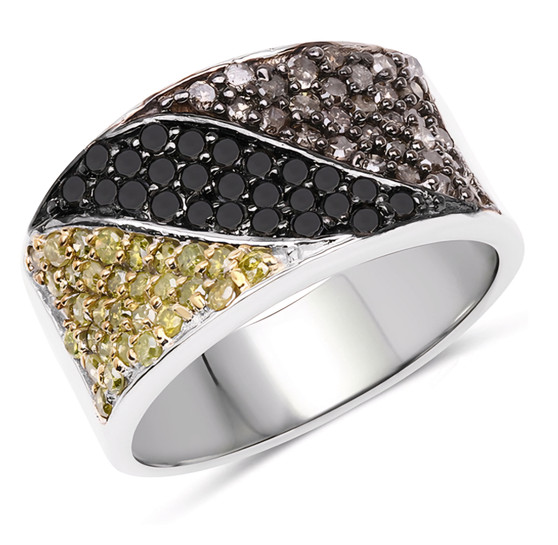 yellow black and champagne diamond ring in black and white rhodium over sterling silver