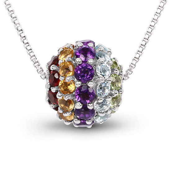 multi gemstone round charm necklace in rhodium over sterling silver