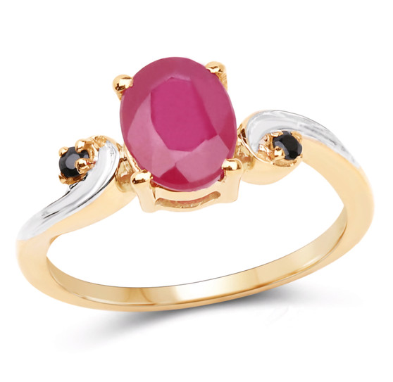 ruby and black spinel three stone ring in rhodium and 14k yellow gold over sterling silver