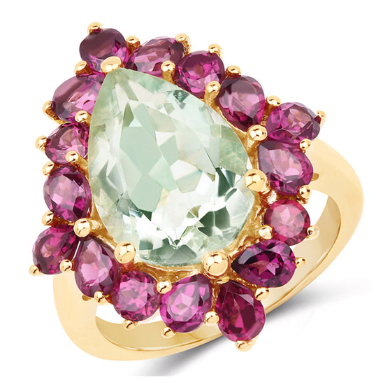 prasiolite and rhodolite garnet halo ring in 14k yellow gold over sterling silver