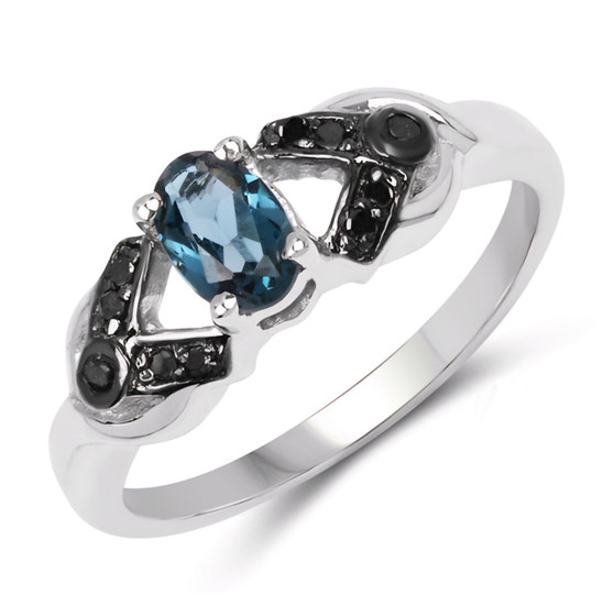 london blue topaz and black diamond split shank ring in black and white rhodium over sterling silver