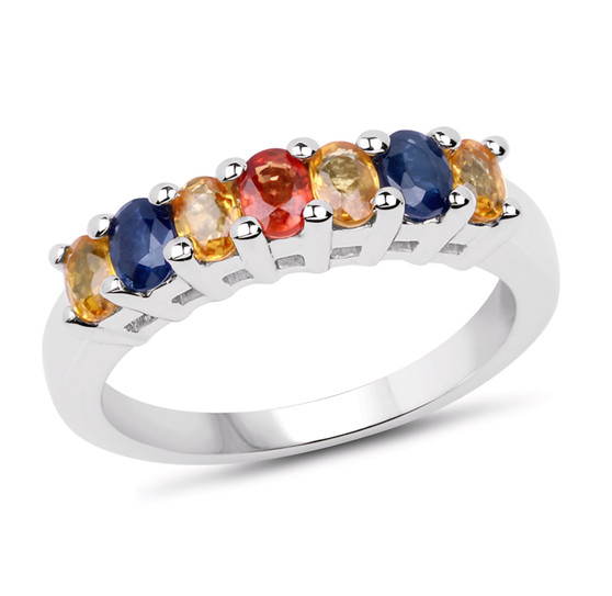 yellow blue and red oval multi color sapphire band ring in rhodium over sterling silver