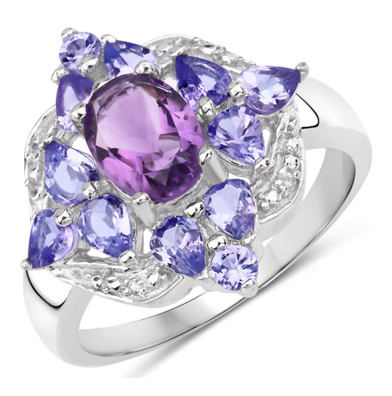 amethyst and tanzanite ring in rhodium over sterling silver