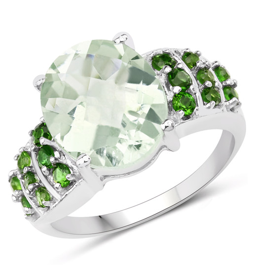prasiolite and chrome diopside ring in rhodium over sterling silver