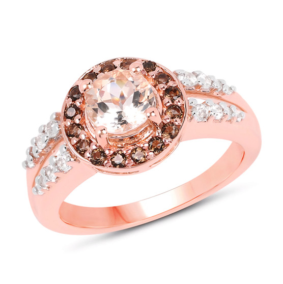 morganite smoky quartz and white zircon ring in 18k rose gold over sterling silver