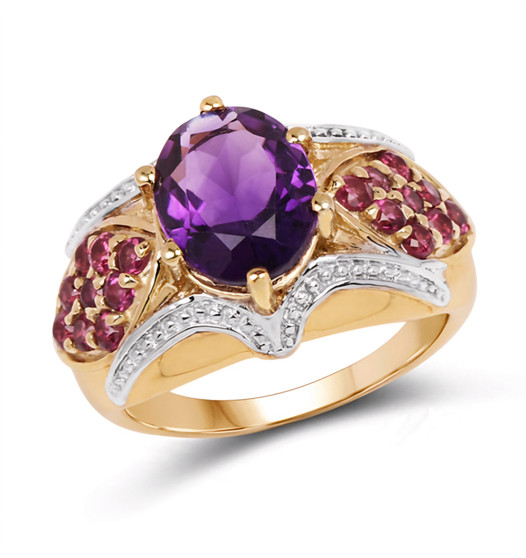 amethyst and rhodolite garnet ring in 14k yellow gold and rhodium over sterling silver