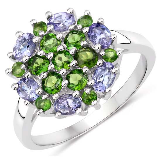 tanzanite and chrome diopside round cluster ring in rhodium over sterling silver