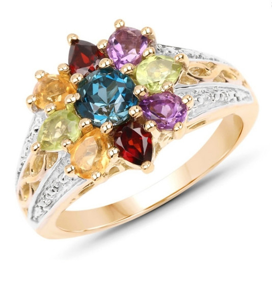 multi gemstone cluster ring in 14k yellow gold over sterling silver