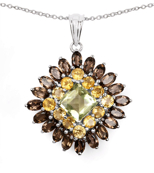 lemon quartz citrine and smoky quartz pendant necklace in rhodium over sterling silver