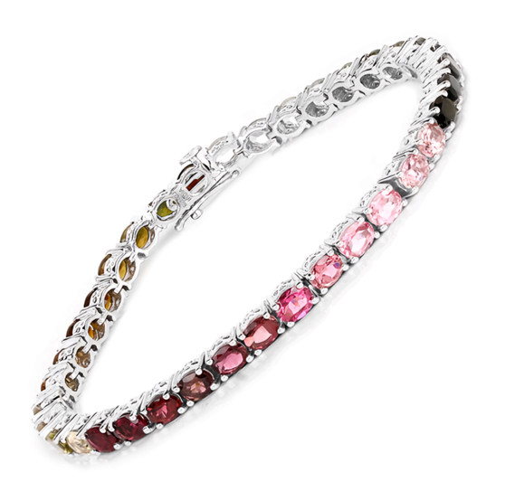 pink green and brown tourmaline tennis bracelet in rhodium over sterling silver