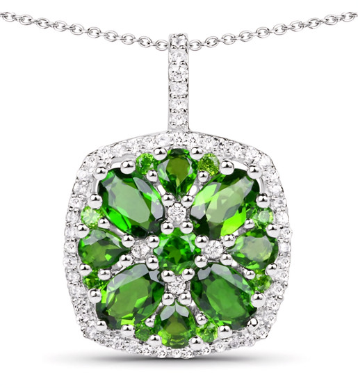 chrome diopside and white zircon cluster necklace in rhodium over sterling silver
