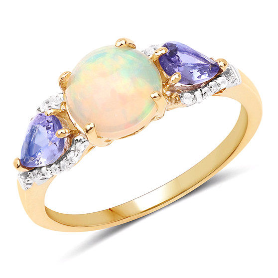 opal tanzanite and white topaz 3-stone ring in 14k yellow gold over sterling silver