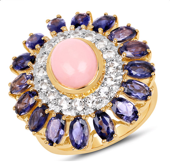 pink opal iolite and white topaz cocktail ring in 14k yellow gold over sterling silver