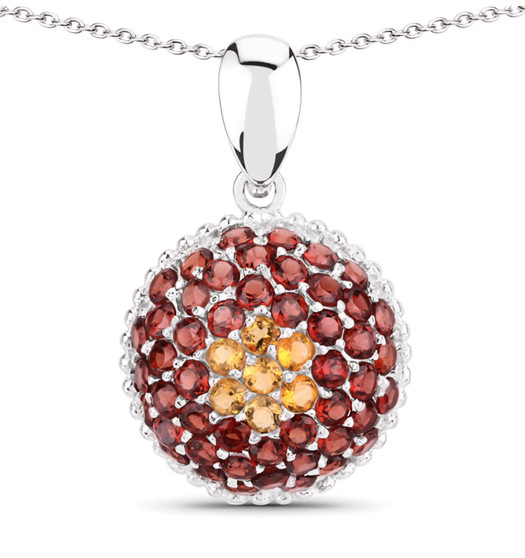 citrine and garnet round cluster pendant necklace in rhodium over sterling silver