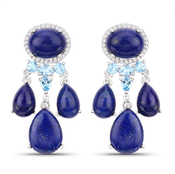 lapis blue and white topaz dangle earrings in rhodium over sterling silver