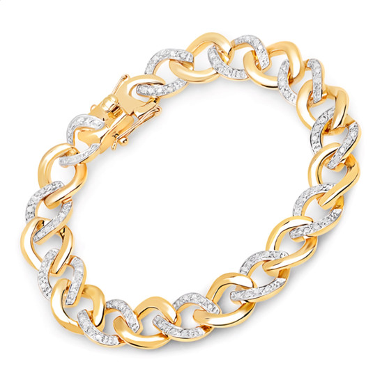 white diamond cuban link chain bracelet in 14k yellow gold over sterling silver