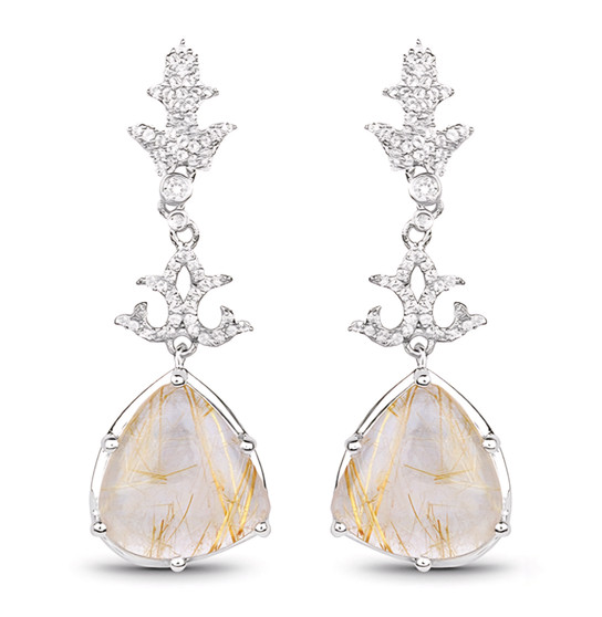 rutilated quartz and white topaz dangle earrings in rhodium over sterling silver