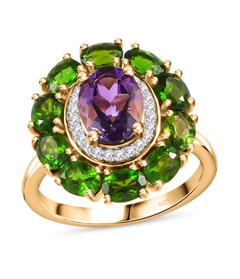amethyst moissanite and chrome diopside halo ring in 18k yellow gold over sterling silver
