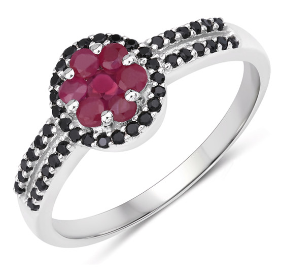 ruby and black spinel cluster halo ring in rhodium over sterling silver
