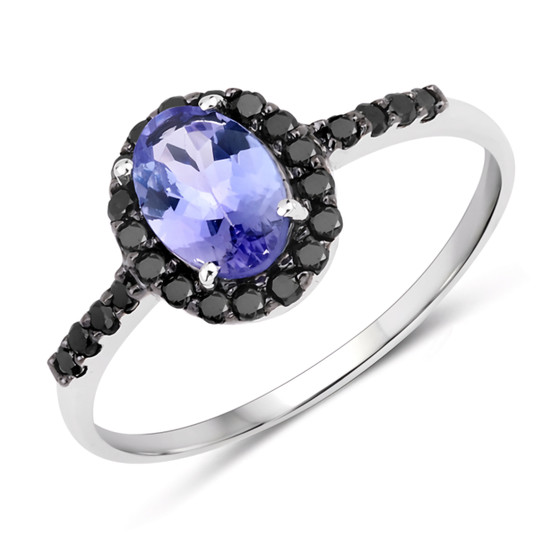 front view of tanzanite and black diamond oval halo ring in solid 14k white gold