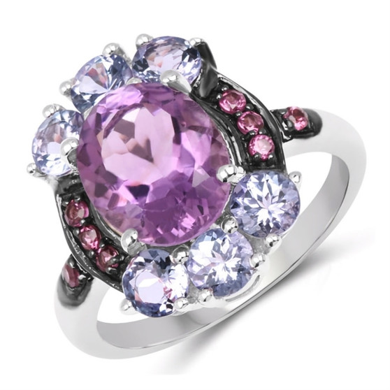 amethyst and tanzanite rhodolite ring in black rhodium over sterling silver