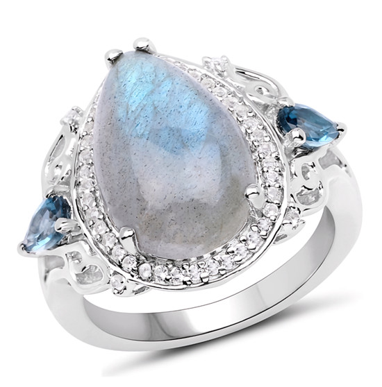 labradorite london blue and white topaz cocktail ring in rhodium over sterling silver