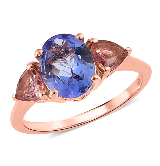 tanzanite and pink tourmaline three stone ring in 18k rose gold over sterling silver