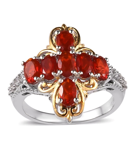 cherry fire opal and zircon ring in 18k yellow gold and rhodium over sterling silver