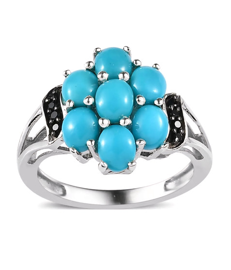 turquoise and black spinel cluster ring in black and white rhodium over sterling silver