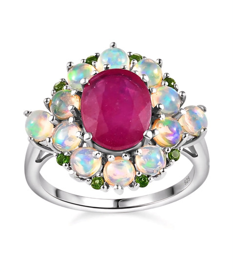 ruby opal and chrome diopside halo ring in rhodium over sterling silver