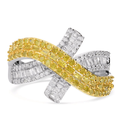 yellow diamond (ir) and white diamond crossover bypass ring in 18k yellow gold and rhodium over sterling silver