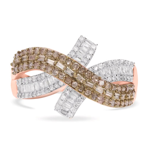 champagne and white diamond crossover bypass ring in 18k rose gold and rhodium over sterling silver