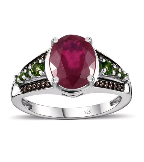 ruby and chrome diopside brown zircon ring in black and white rhodium over sterling silver