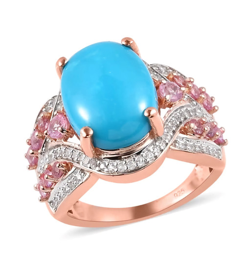 turquoise pink sapphire and zircon statement ring in 18k rose gold over sterling silver