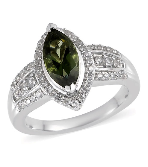 moldavite and white zircon ring in rhodium over sterling silver