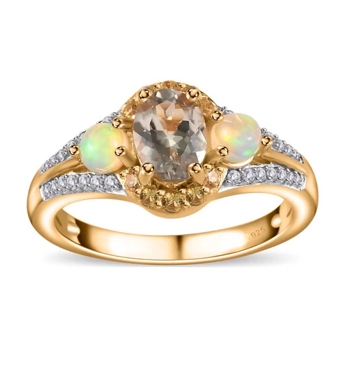 turkizite opal yellow sapphire and zircon ring in 18k yellow gold over sterling silver