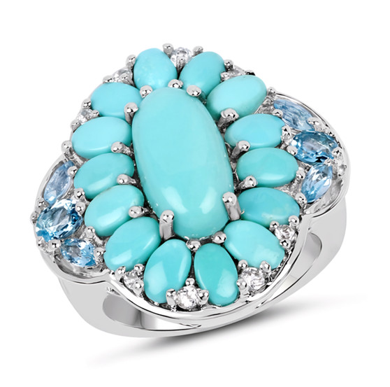 turquoise swiss blue and white topaz cluster ring in rhodium over sterling silver