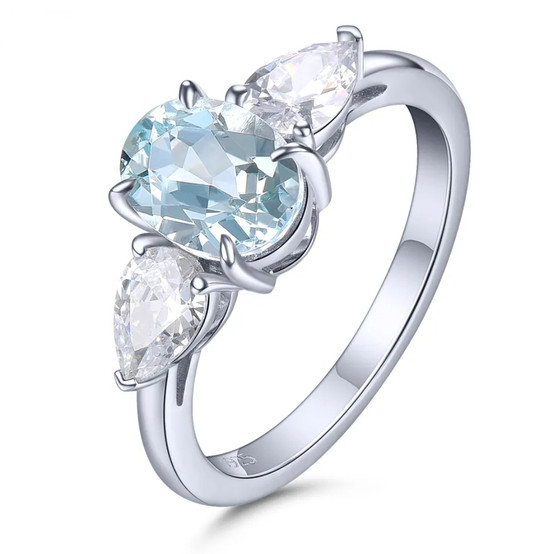 aquamarine and white zircon trilogy ring in rhodium over sterling silver