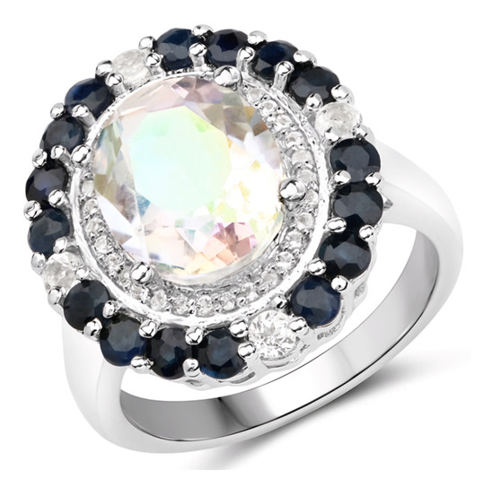 mercury mist quartz sapphire and white topaz halo ring in rhodium over sterling silver