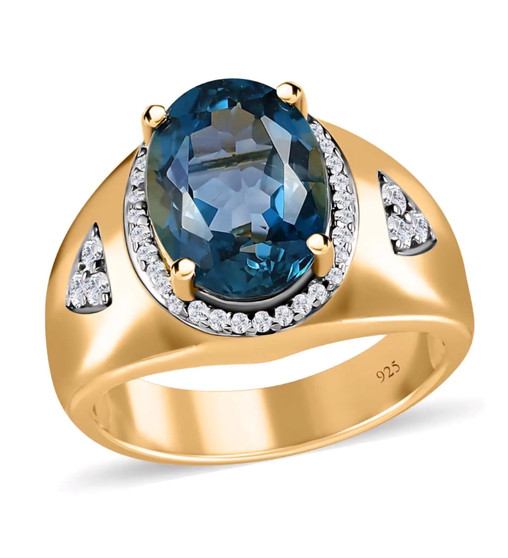 london blue topaz and moissanite gents ring in 18k yellow gold over sterling silver