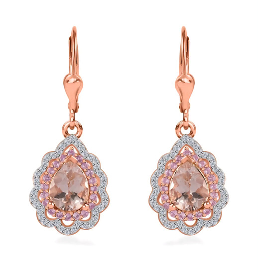 morganite pink sapphire and zircon dangle earrings in 18k rose gold over sterling silver