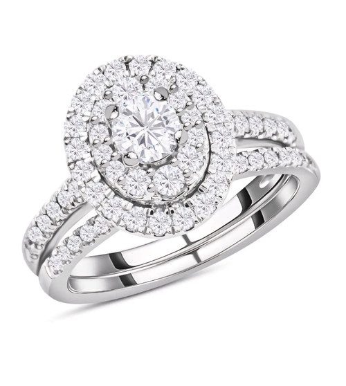 round diamond halo two ring bridal set in 14k white gold
