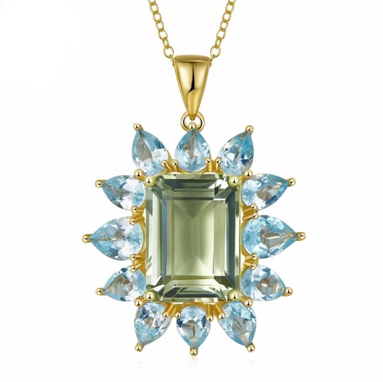 prasiolite and sky blue topaz halo necklace in yellow gold over sterling silver