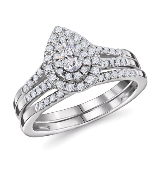 pear and round diamond halo two ring bridal set in 14k white gold