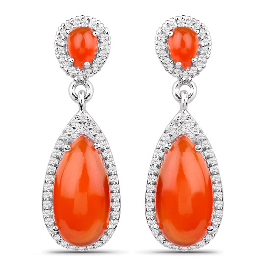 carnelian and white topaz pear halo drop earrings in rhodium over sterling silver