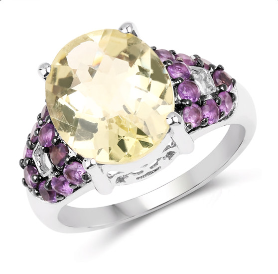 lemon quartz and amethyst ring in rhodium over sterling silver