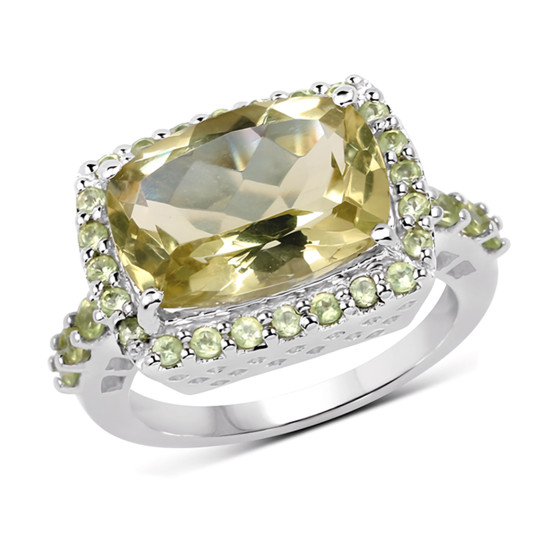 lemon quartz and peridot cushion halo ring in rhodium over sterling silver