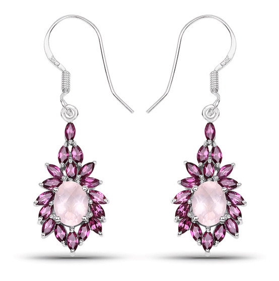 rose quartz and rhodolite garnet fish hook halo earrings in rhodium over sterling silver