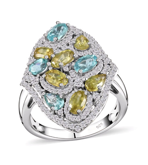 sphene apatite and moissanite statement ring in rhodium over sterling silver